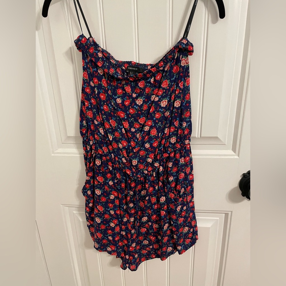 Forever 21 Blue Floral Strapless Romper Size Large